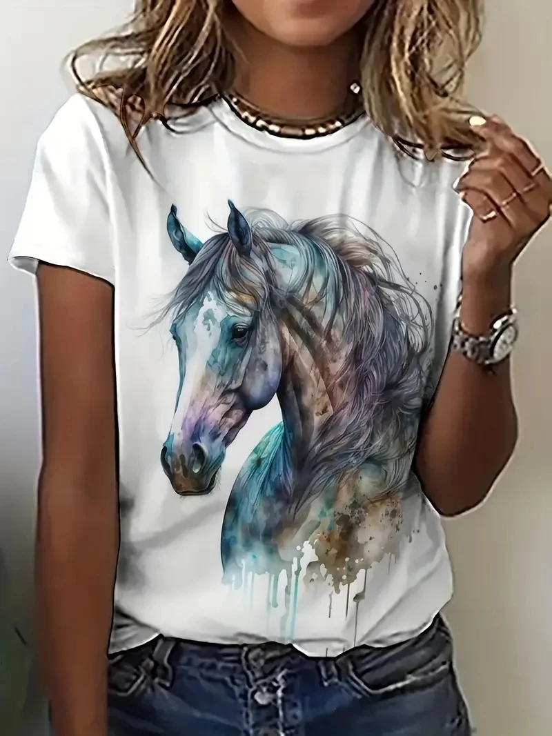 Horse Print Crew Neck T-Shirt Casual Short Sleeve T-Shirt For Spring & Summer Simple daily home Women's Clothing