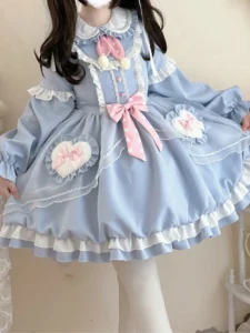 KIMOKOKM Kawaii Lolita Ruffles Full Sleeve Dress Sweetheart Peter Pan Collar Cosplay Princess Bow Vitality Girly Loli Mini Dress - Image 3