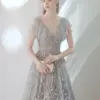 Luxury Gray Evening Dress Exquisite V-Neck Ruffle Flare Sleeve Tulle Beading Glitter Sequins Banquet Wedding Birthday Prom Gowns