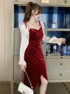 2023 Spring Elegant Sweet Girly Women Midi Dress Red Velvet Bow Bubble Sleeve Split Lady Clothes Party Office Femme Robe Vestido - Image 3