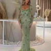 Green Beaded Crystals Stone Square Neck Long Sleeves Evening Party Dresses Elegant Formal Events Gowns for Weddings 2024