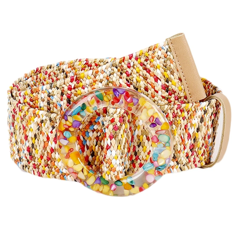Braided Women's Belt Vintage Wide Bohemian Belts Designer Colorful Buckle Shell Decorative Women PP Straw Waist Belt