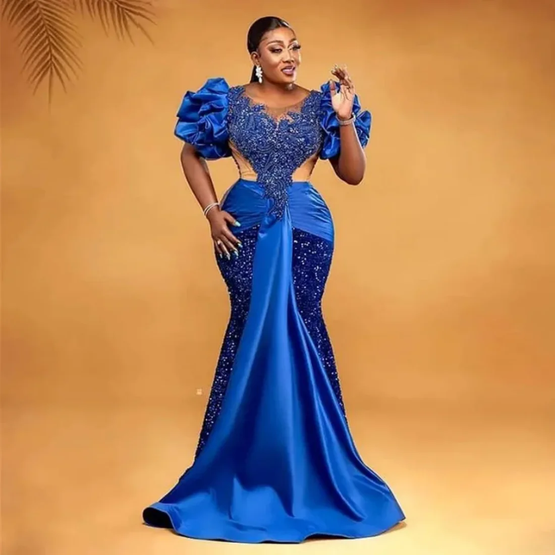 Aso Ebi African Royal Blue Prom Dresses Sequins Beaded Ruffle Mermaid Evening Dress Long Luxury 2024 Formal Gowns Robe De Soiree