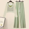 2024 Spring Summer Women Green Clothing Outfits Korean Lady Fashion Hollow Out Knit Tops Sling Vest High Waist Pants 3 Pcs Sets - Image 2