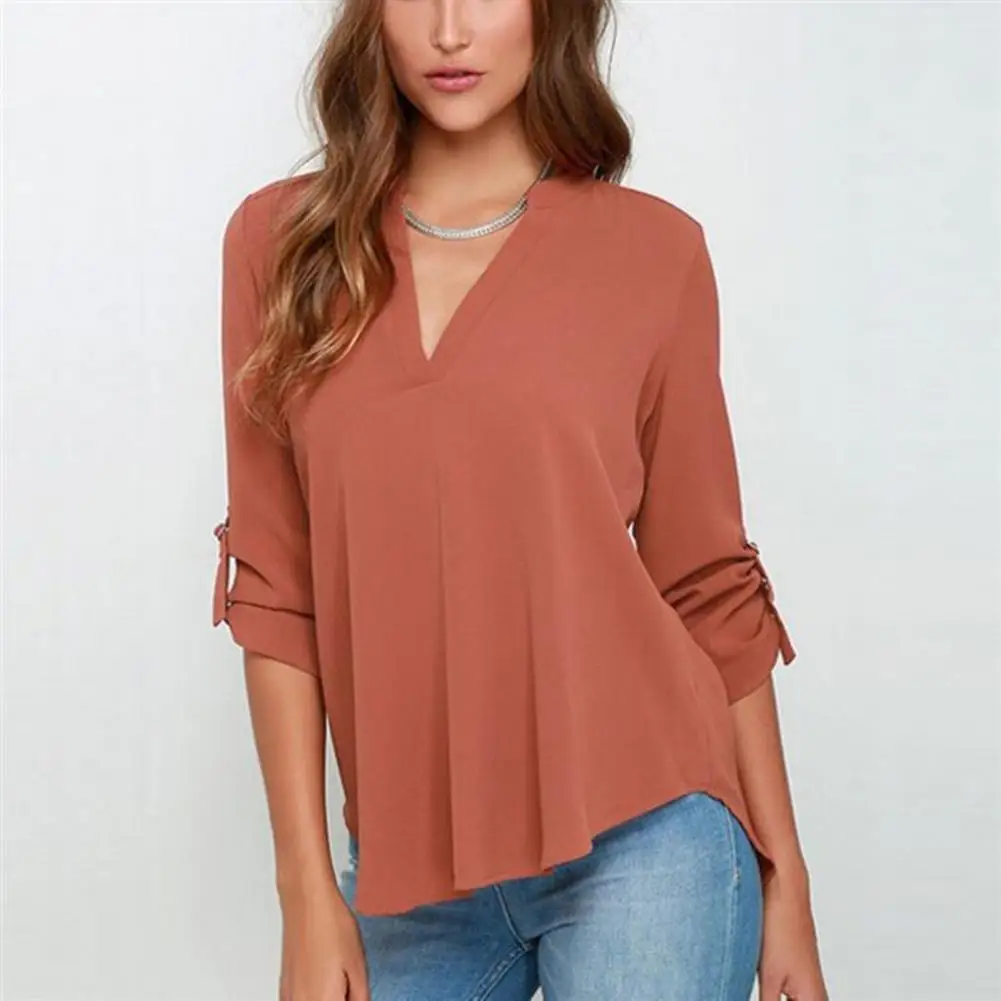 L-4XL V Neck Women Summer Shirt Solid Color Ruched Loose Long Sleeves Large Size Summer Office Lady Blouse Female Clothes blusas