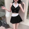 New Fashion Suit Summer Halter Neck Crop Top High Waist Irregular Patchwork Pleated Skirt Two piece Set Korean Women's Clothes - Image 4