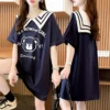 Blue Cotton Bear Print T Shirt Summer Korean Women Kawaii Loose Tops Hip Hop Oversized Ulzzang Sailor Collar Tshirt Streetwear - Image 3