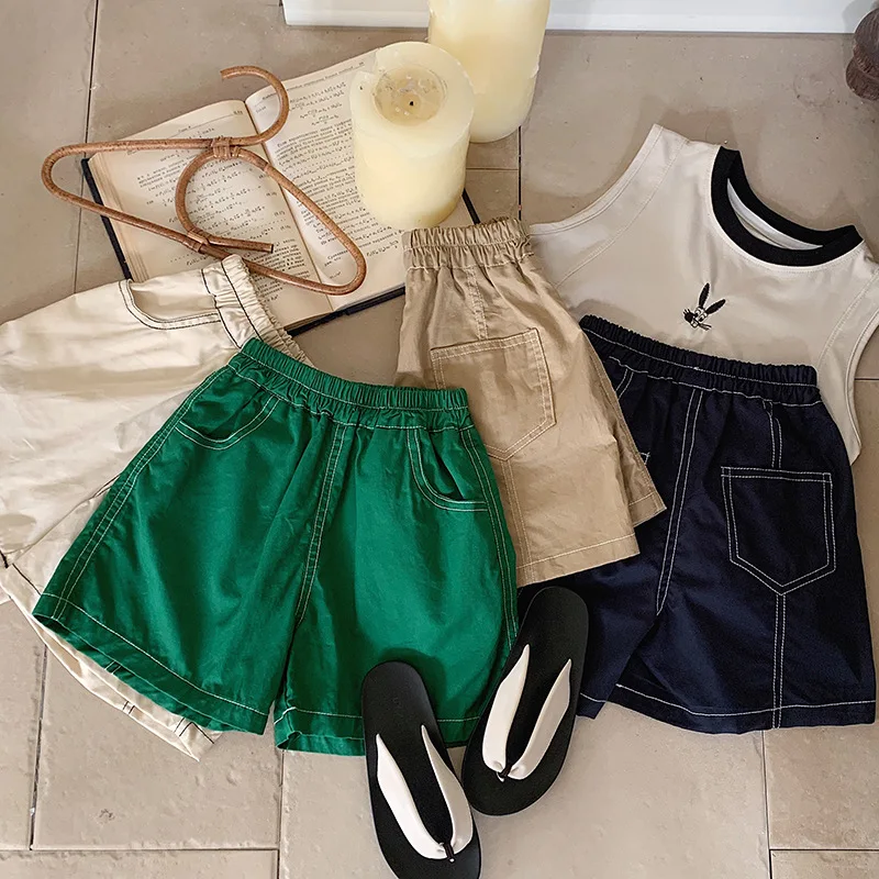 Children Clothing Cotton Loose Simple Solid Color Shorts 2024 Summer New Boy Korean Style Pants Comfortable Soft Casual Pants