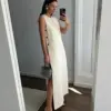 2024 Summer Elegant White Maxi Dress Women Solid O-neck Sleeveless Button Split Dresses Female Beach Vacation Party Vestidos
