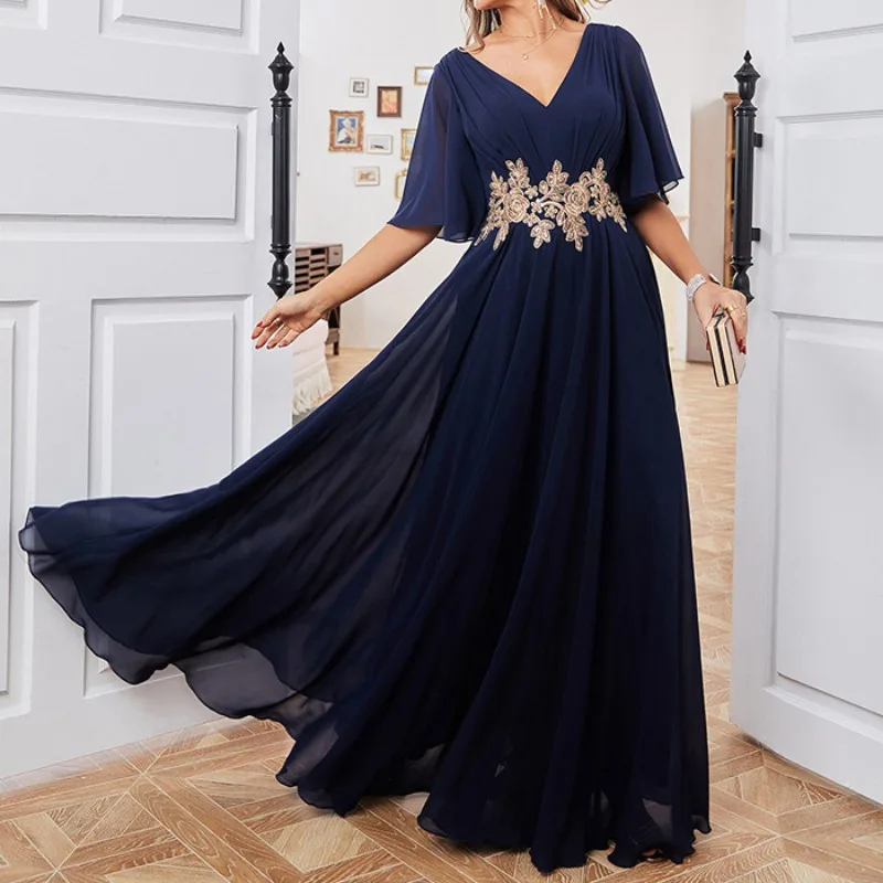 Elegant V-neck Chiffon Evening Dresses Luxury Appliqué Slim Waist Short Sleeves Prom Dress Simple A-line Vestidos De Noche