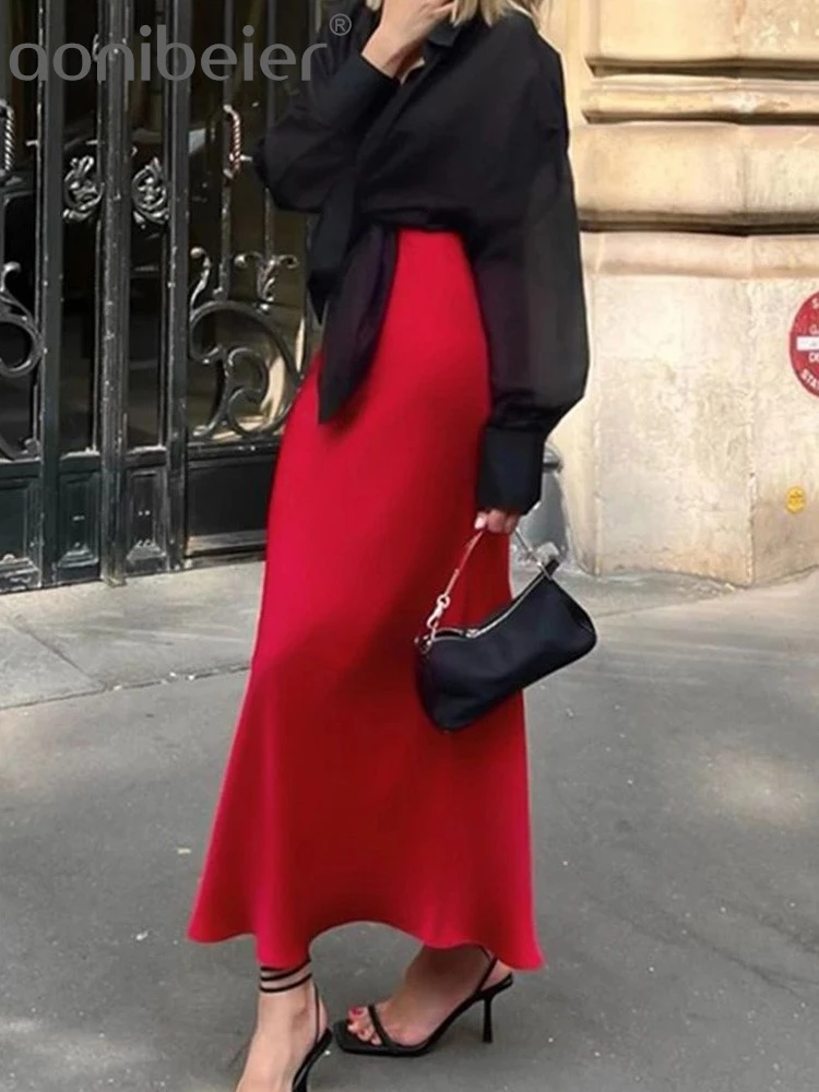 Aonibeier Y2K Red Satin Women Long Skirt Traf 2024 Summer Elastic High Waisted A-Line Casual Office Elegant Female Maxi Skirts