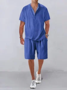 Summer new European and American men's beach style solid color casual short-sleeved shorts suit casual T-shirt shorts suit - Image 4