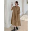 Summer New Khaki Loose Pleated Midi Dress Polo Neck Short Sleeve Solid Plus Size Casual Dresses Fashion Korean Women Clothing - Image 3