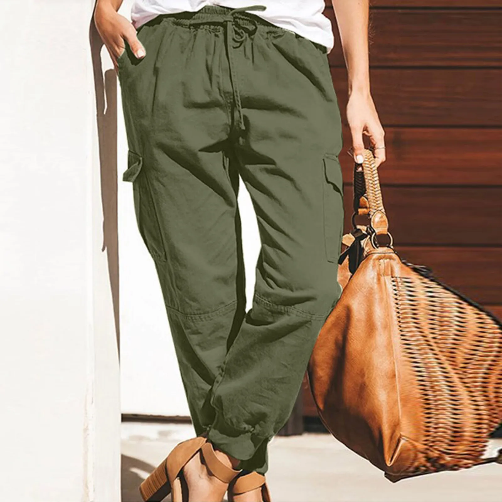 Women's Vintage Casual Pocket Cargo Pants Fashion Solid Color Loose Trousers Comfortable Drawstring Elastic Waist Loose Pants