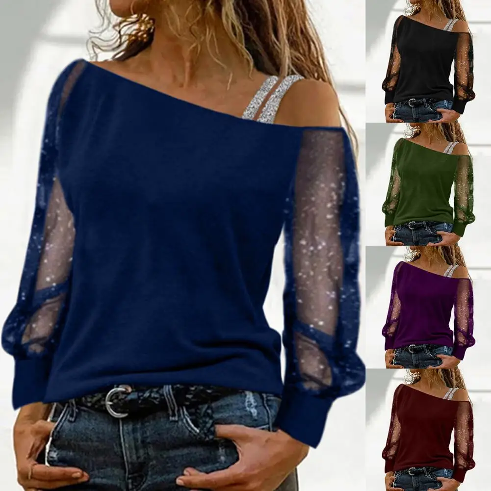 Women Autumn Sexy Lace Mesh Shiny Long Sleeve T-Shirt Tops Ladies Solid Color Off Shoulder Casual Retro Net Yarn Pullover Blouse