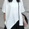 [EAM] Women White Color-block Irregular Big Size T-shirt New Round Neck Half Sleeve Fashion Tide Spring Summer 2024