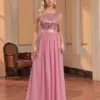Lucyinlove Elegant O-Neck Pink Sequins Evening Dress 2024 Women Short Sleeve Chiffon Party Maxi Bermaid Dress Long Luxury Prom