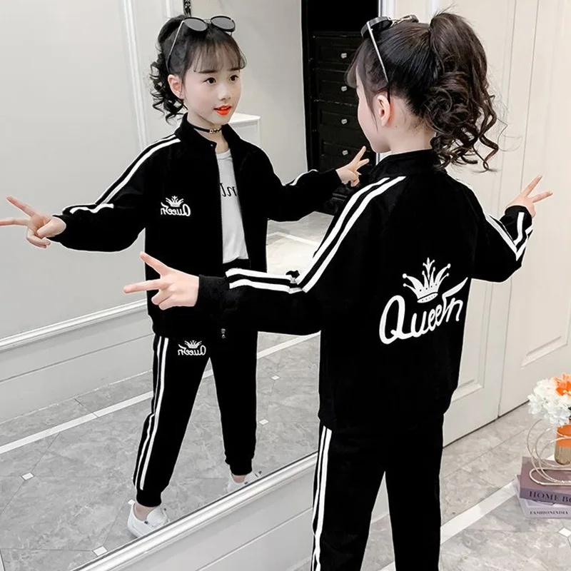 2024 teens autumn winter Girls Teenager tracksuit sport letter striped zipper Coat Jacket skinny pant 5 6 7 8 9 10 year spring
