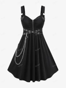 ROSEGAL Plus Size Dresses Black Chains Grommets PU Leather Zipper Ruched Dress Women Lace Panel Bow Pleated Party Dress Vestidos - Image 3