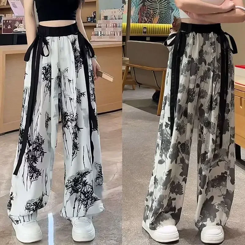 Kids Girls Casual Ink Printed Pants 2023 New Arrival Casual Silk Summer Wide Leg Pants Teenage White Gray Street Wear Leggings