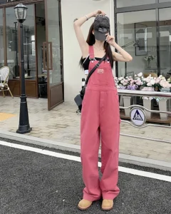 SM jeans womens 2022 Summer Preppy Style loose Girls Pink wide leg trousers jumpsuit korean casual denim overalls womens (78891 - Image 4