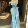 Sky Blue Pearls Beaded Sequins Long Strapless Evening Dresses with Side Tail Elegant Formal Mermaid Cocktail Party Gowns 2024