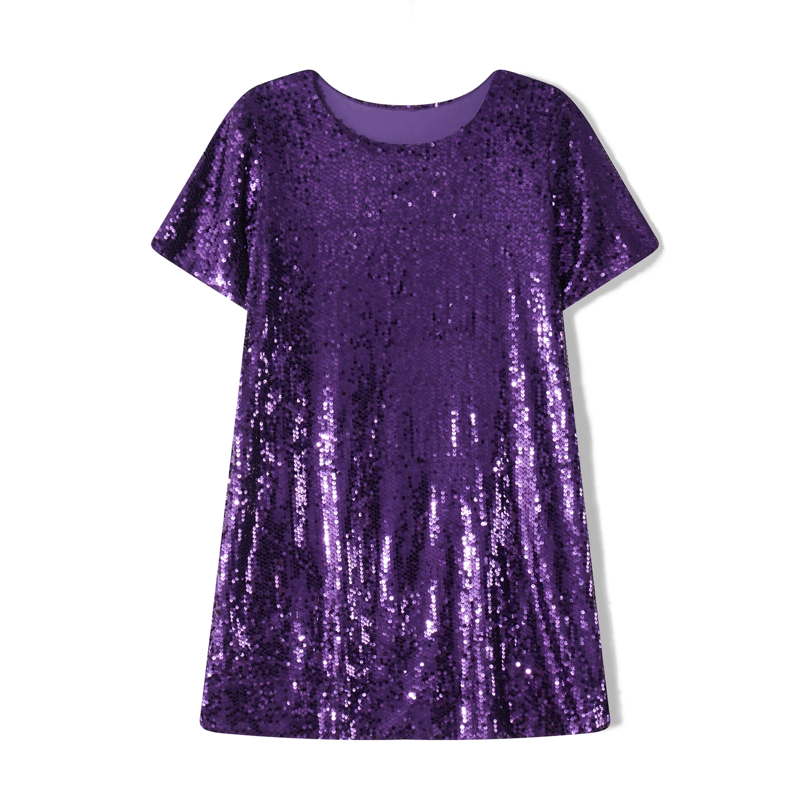 Puloru Sparkle Sequins Summer T-Shirts Dress Women's Short Sleeve Crew Neck Loose Mini Dress Street Daily Party Casual Dress