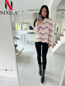 Spring Autumn Women's Pullover Sweet Rainbow Bar Sweater Women Elegant Loose Knit Long Sleeve Tops Korean Fashion Lady Clothes - Image 3