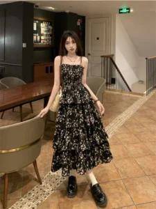 Deeptown Y2k Korean Style One Piece Floral Dress Women Vintage Elegant Layered High Waist Black Long Slip Fairy Dresses Summer - Image 2