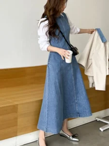 Denim Summer Sleeveless Vests Dress Women Slim Casual Fashion Ruffle Ladies Dresses Korean Style Pleated Woman Long A-Line Dress - Image 3