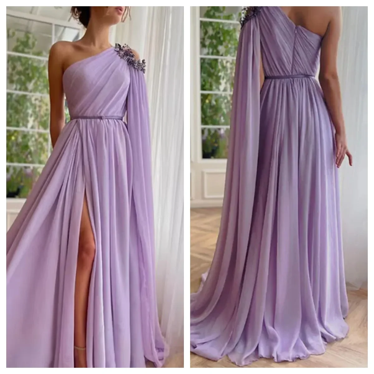Purple Chiffon One Shoulder Sleeve Evening Dress Luxury Lilac Floor-Length A-Line Elegant Formal Party Dress Women Prom Gown