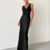 Mnealways18 Draped V-Neck Classy Evening Long Dress Women Black Satin Formal Dress Sleeveless Floor-Length Sexy Bodycon Dresses