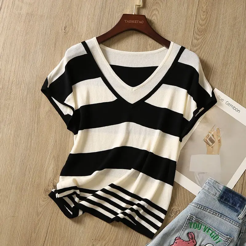 Fashion Women Clothing Summer Striped T-shirt Versatile New Patchwork Soft Short Sleeve Female V-neck Loose Casual Knitted Top