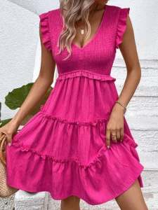 Summer Midi Dresses For Women Casual Red Ruffle Big Hem Holiday Beach Dress Fashion Sleevelee V Neck New In Dresses 2024 - Image 4