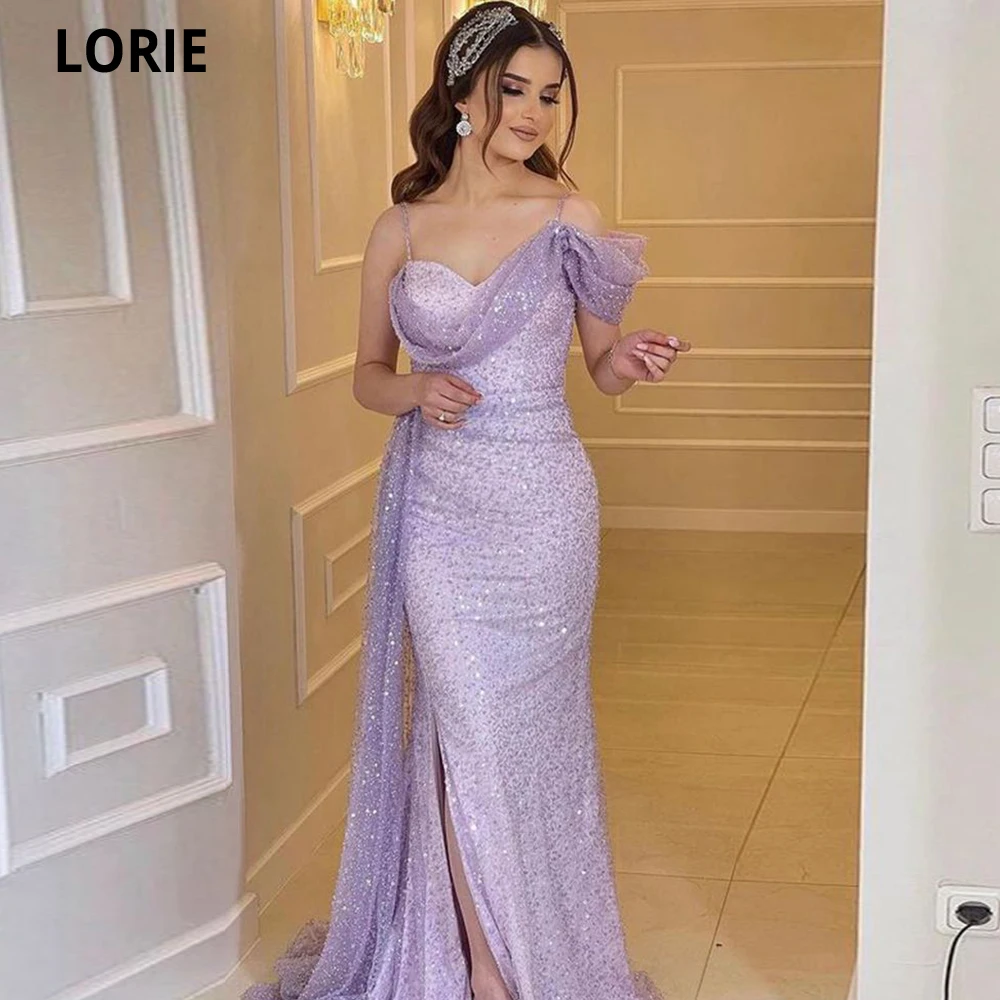 LORIE Lilac Tulle Long Evening Dresses One Shoulder Pleats Side Slit Women Prom Dress Formal Party Gowns Arabic Women Vestidos