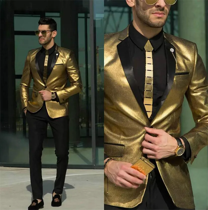 2023 Fashion Shining Gold Wedding Suits for Men Cheap Tuxedos Slim Fit Bridegroom Wear Best Mens Suits Custom Made(Jacket Pant)