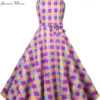 Women Vintage Plaid Printed Summer Dress Retro Bow Belt Spaghetti Strap 50s Swing Party Dress