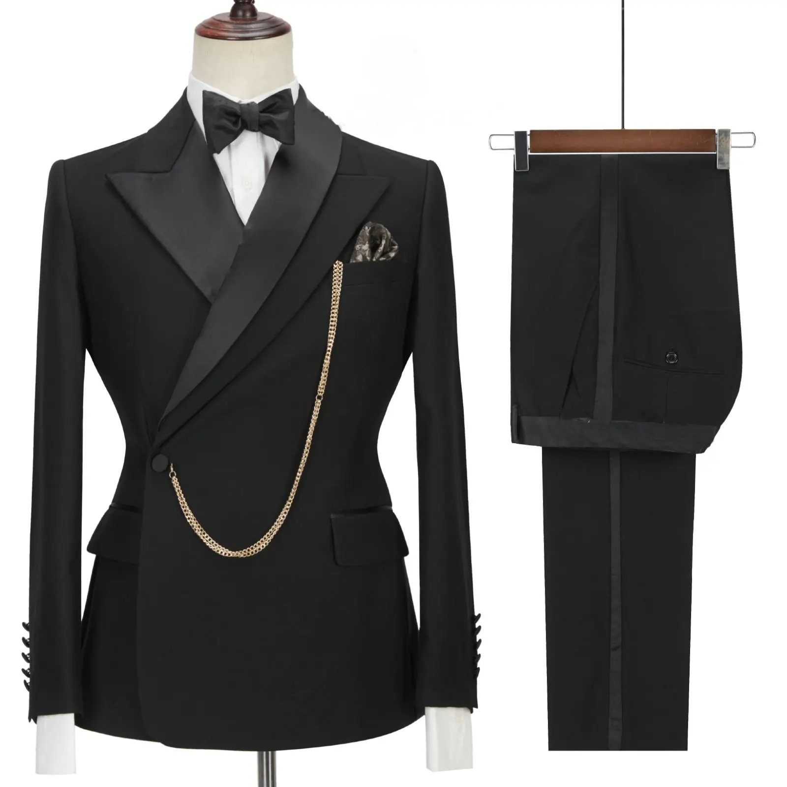 2024 Custom Made Black Groom Tuxedo Peaked Lapel Double Breasted Men Suit Prom Wedding Party Mens Suits Costume ( jacket Pants)