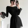 Sylcue Party Queen Black Mysterious Sexy Mature Beautiful Confident Personality Women's Long Sleeve Pleated Backless Dress