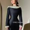OIMG Gorgeous Fashion Pearls O-Neck Vintage Prom Dresses Floor Length Satin Long Sleeves Black Evening Gowns Formal Party Dress