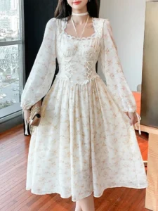 Elegant Women's Y2K Midi Dress Korean Fashion Sweet Retro Flower Party Full Sleeve Dress Perfect Spring Casual Lace Dresses - Image 2