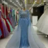 Classy 2 In 1 Blue Full Sleeved Mermaid Evening Dresses 2024 Pearls Beaded Crystals Stones Formal Events Party Gowns for Women