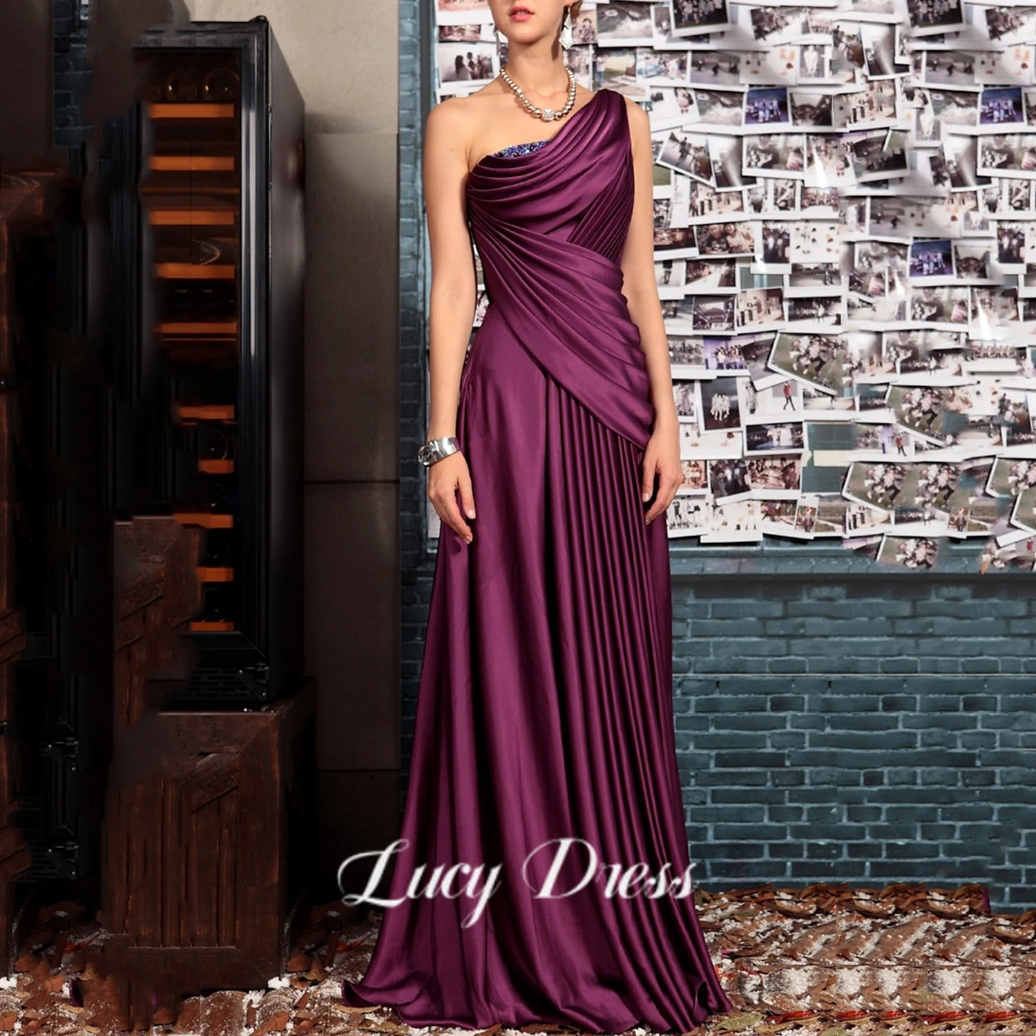 Lucy One Shoulder Sleeve Line A Beaded Decoration Satin Evening Dress Dresses for Dancing Parties Ball Gowns Sharon Said Formal