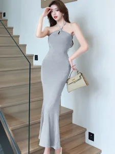 Summer Black Elegant Neck-mounted Sling Long Dress Women Fashion Bodycon Ruffled Mermaid Dress 2024 Korean Vintage Party Dresses - Image 3