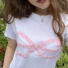 Summer Crop Top Korean Kawaii Y2K Streetwear Women Bowknot T-shirt Casual Crew Neck Short Sleeve Slim Fit Tees for Daily Clothes - Image 5