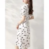 2024 New Summer Temperament Socialite Fashion Trend Lapel Tie Waist Band Patchwork Polka Dot Short Sleeved Shirt Dress for Women - Image 5