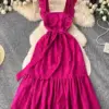 Summer Holiday Hollow Out Embroidery Dress Women's Sleeveless Flying Open Back Bandage Lace Up Beach Party Long Vestidos