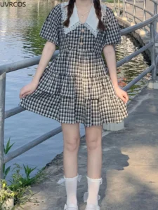 Summer Preppy Style Sweet Lolita Mini Dress Women Kawaii Peter Pan Collar Short Sleeve Plaid Cake Dresses Girly Party Vestidos - Image 5