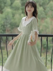 Japanese Mori Girly Preppy Style Lolita Fairy Women Dress Elegant Summer Sailor Collar Bow Waist Short Sleeve Mid-Calf Dresses - Image 2