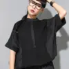[EAM] Women Black Color-block Big Size T-shirt New Stand Collar Half Batwing Sleeve Fashion Tide Spring Summer 2024